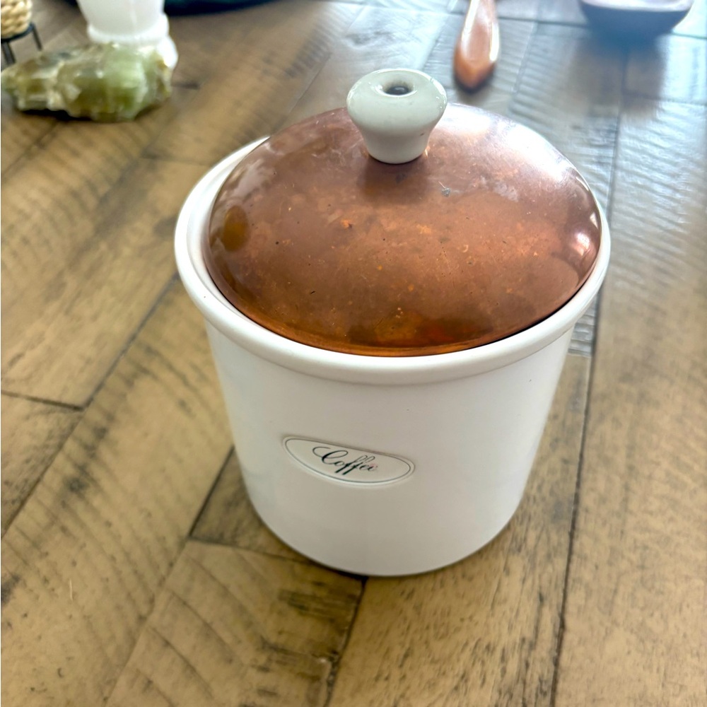 Vintage White Ceramic Coffee Jar with Copper Lid